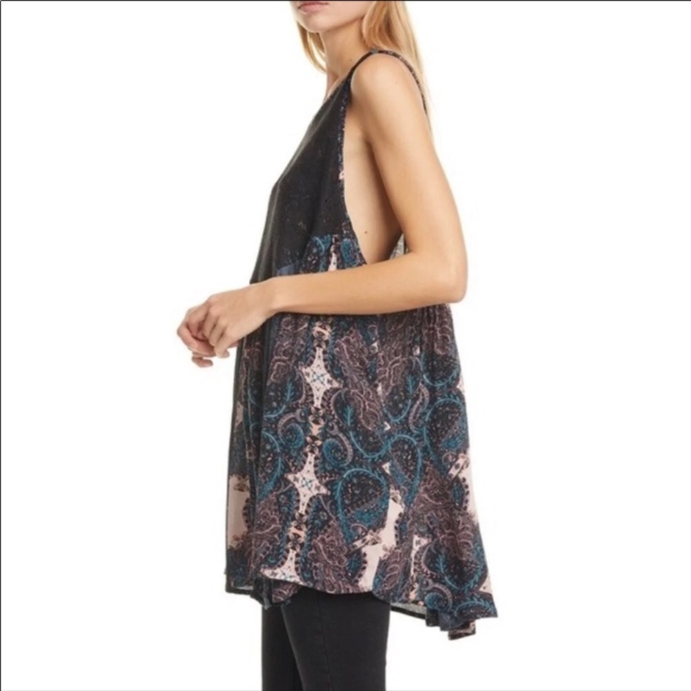 .Free People top Count Me In Trapeze babydoll dress top lace trim black blue S - Picture 9 of 12